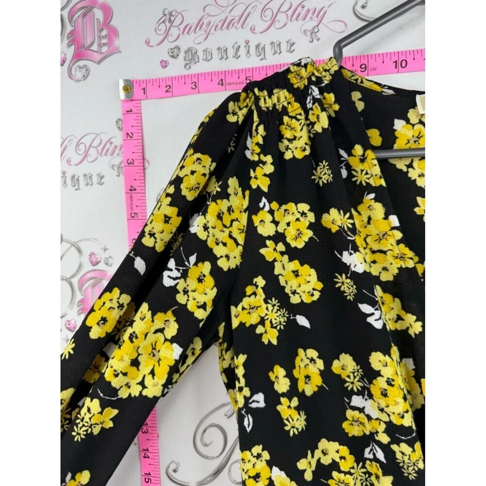 Michael Kors dress flowers V neck flowy Black Dress with Yellow Floral Print